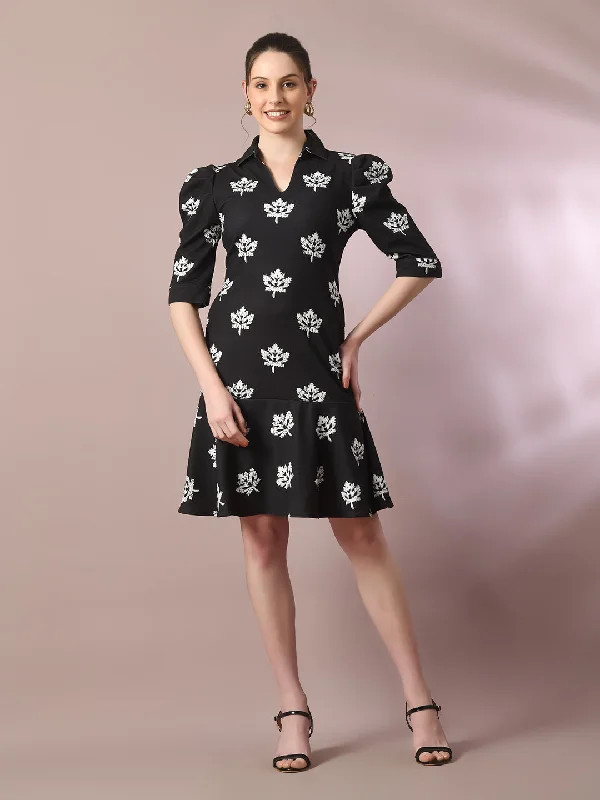 Women's  Black Printed Shirt Collar Fit And Flare Party Dress  - Myshka Tunics Seasonal trendy