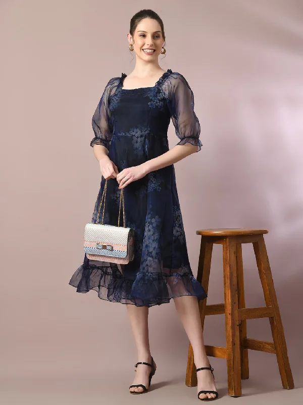 Women's  Navy Blue Printed Square Neck Fit And Flare Party Dress  - Myshka Tunics Ceremony elegant