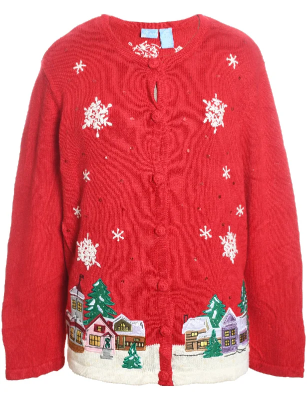 Winter Scene Design Knit Red Christmas Cardigan - M Glossy Satin Silk
