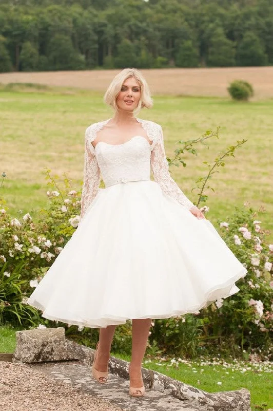 Curved Strapless Short Wedding Gown with Lace Jacket Zip Front Button Front Snap Front