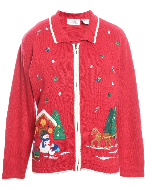 Winter Scene Design Christmas Cardigan - M Tailored Straight A-Line