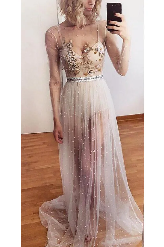 Unique Spaghetti Straps V Neck Tulle Prom Dresses with Appliques Party Dresses with Long Sleeves Tunics Stylish modern