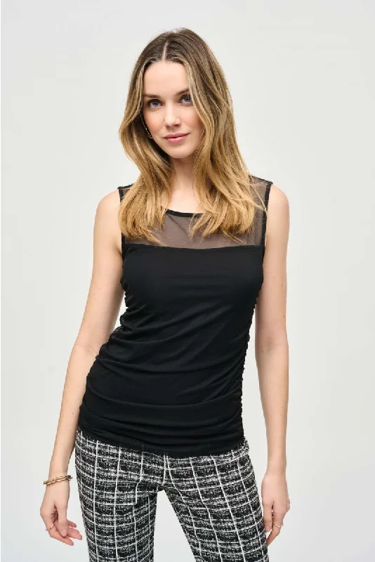 Joseph Ribkoff Ruched Mesh Sleeveless Tank Top 243104 flexible tank top