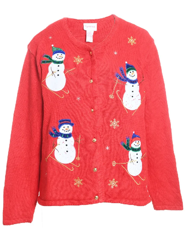 Snowman Design Red Appliqued Knit Christmas Cardigan - M Elasticated Padded Insulated