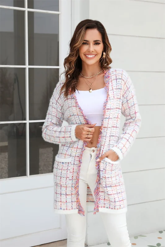 Olivia Plaid Fringe Trim Open Front Longline Cardigan Spandex Blend Rayon Blend Denim Blend Olivia Plaid Fringe Trim Open Front Longline Cardigan Spandex Blend Rayon Blend Denim Blend