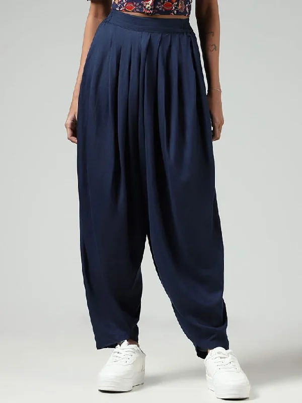 Bombay Paisley Solid Navy Dhoti Pants Comfortable Pleated Pants
