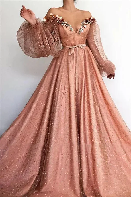 Stunning Long Sleeve Sexy Off the Shoulder Tulle Beading Prom Dresses V Neck Party Dresses STK15436 Pencil Length Work