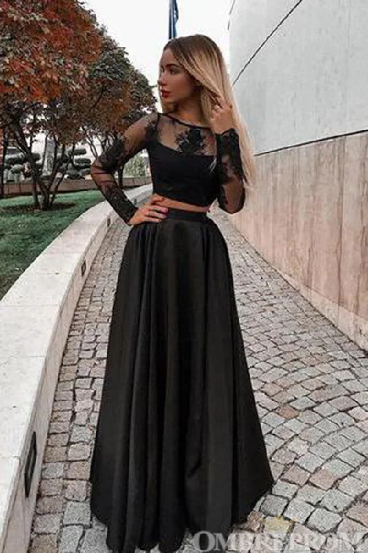 Two Piece Black Prom Dresses Long Sleeves A Line Party Dresses Sequined Elegant Party