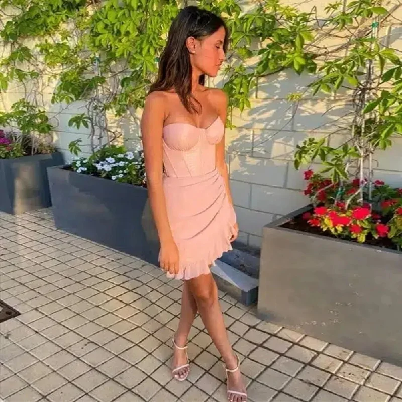 Pink Cocktail Dress Mini Sweetheart Pleated Ruffle Sexy Women's Cocktail Gowns Short Backless Sheath Evening Party Dresses Tunics Cozy comfortable