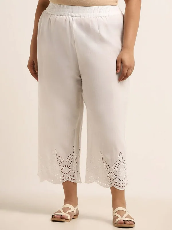 Diza White Embroidered Cotton Pants Cozy Lounge Pants