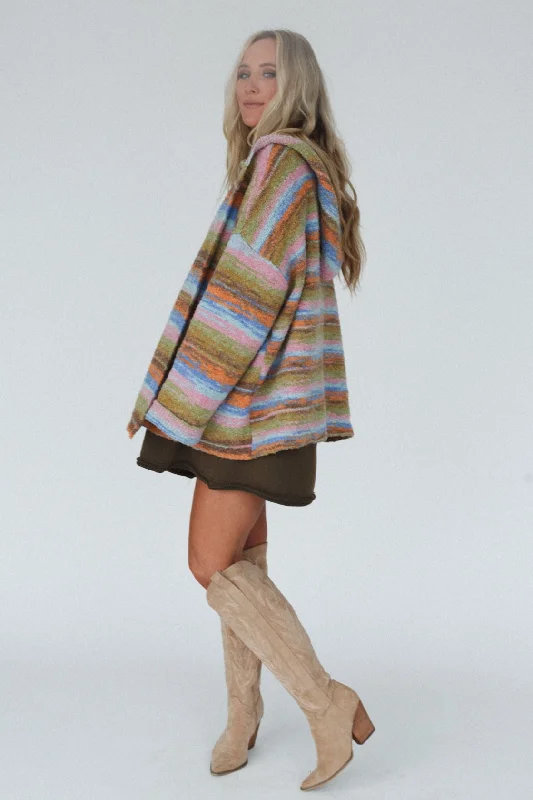 Shanae Striped Hoodie Cardigan - Blue Multi Print Jacquard Patchwork
