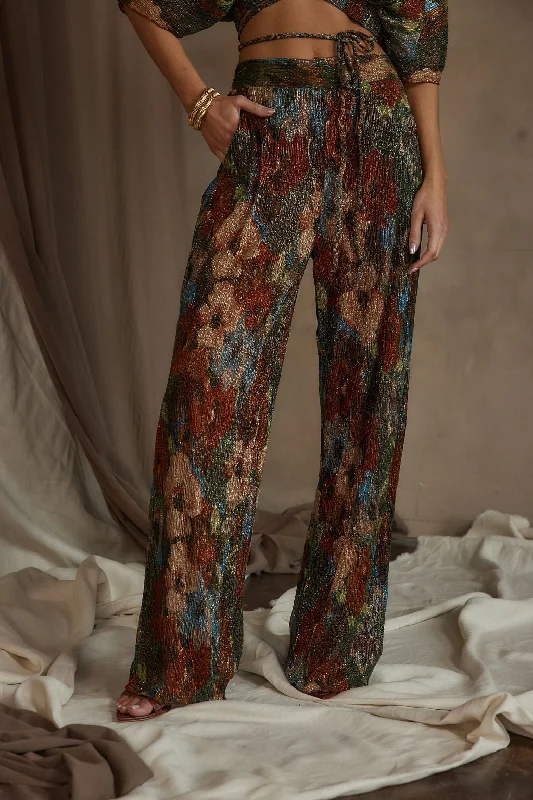 Kaia Multicolor Metallic Floral Pant Elegant Silk Pants