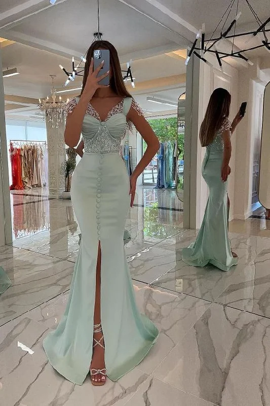 Mint Green Satin Mermaid Prom Dress Front Split Sweetheart Sequins Long Evening Party Dress #SEK192 Tunics Long Elegant