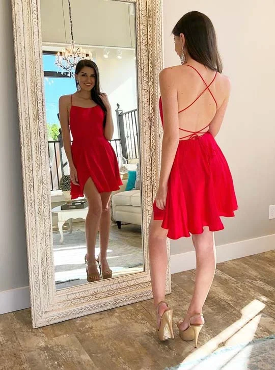 Red Homecoming Dress with Criss-Cross Straps, Backless Short Party Dress OM456 Tunics Practical easy-care