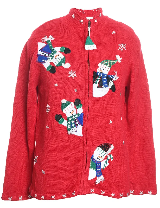 Snowman Design Knit Zip-Front Christmas Cardigan - L Hooded Caped Shawl Collar
