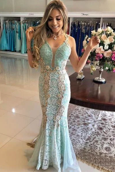 Vintage Mint Lace Mermaid Prom Dress V Neck Elegant Formal Party Dress OKI26 Tunics Floral girly