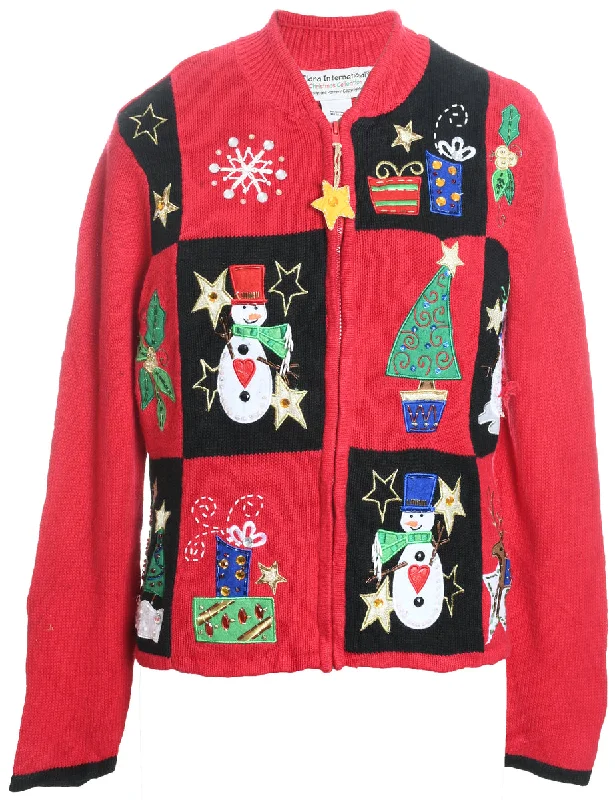 Snowman Christmas Cardigan - M Fitted Loose Oversized