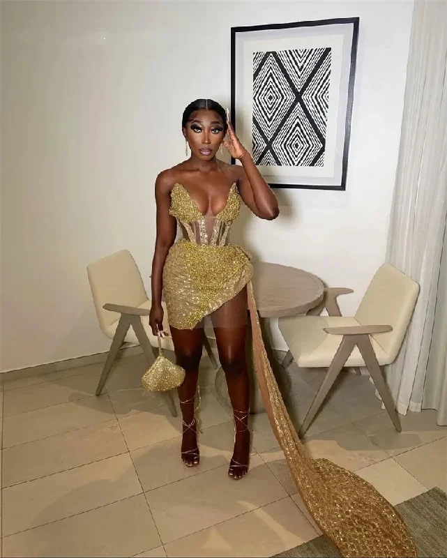 Luxury Gold Sweetheart Short Prom Dress For Black Girls Lace Up Birthday Party Dresses With Tail Mini Cocktail Homecoming Dress Tunics Fashionable trendy
