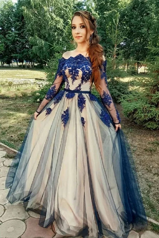 Unique Long Sleeve Off the Shoulder Tulle Long Prom Dresses, Appliques Blue Party Dresses STK15459 Mermaid Tail Wedding