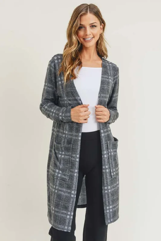 Crosshatch Plaid Cardigan Satin Blend Silk Blend Wool Blend