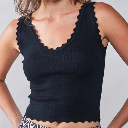 Women's Scalloped Rib Knit Cropped Tank in Black beige tank top