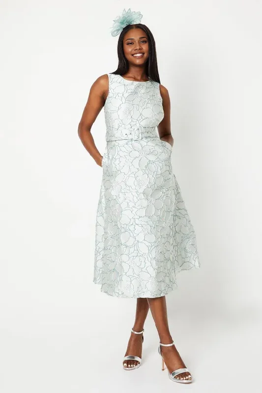 Belted Jacquard Midi Dress A-Line Sleeveless Mother of the Bride Dresse Wedding Guest Party Dresses Tunics Practical durable