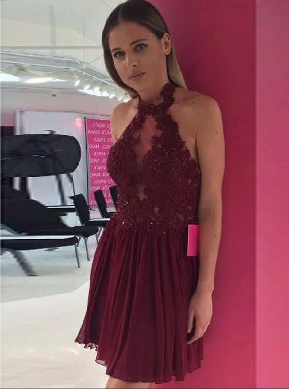 Maroon Backless Halter Chiffon Short Evening Party Dress With Appliques OC134 Tunics Brand named