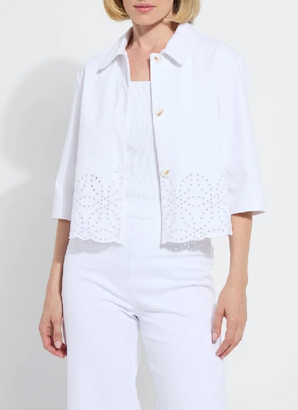 Gem Eyelet Embroidered Denim Jacket Boat Neck Shawl Collar Notched Collar