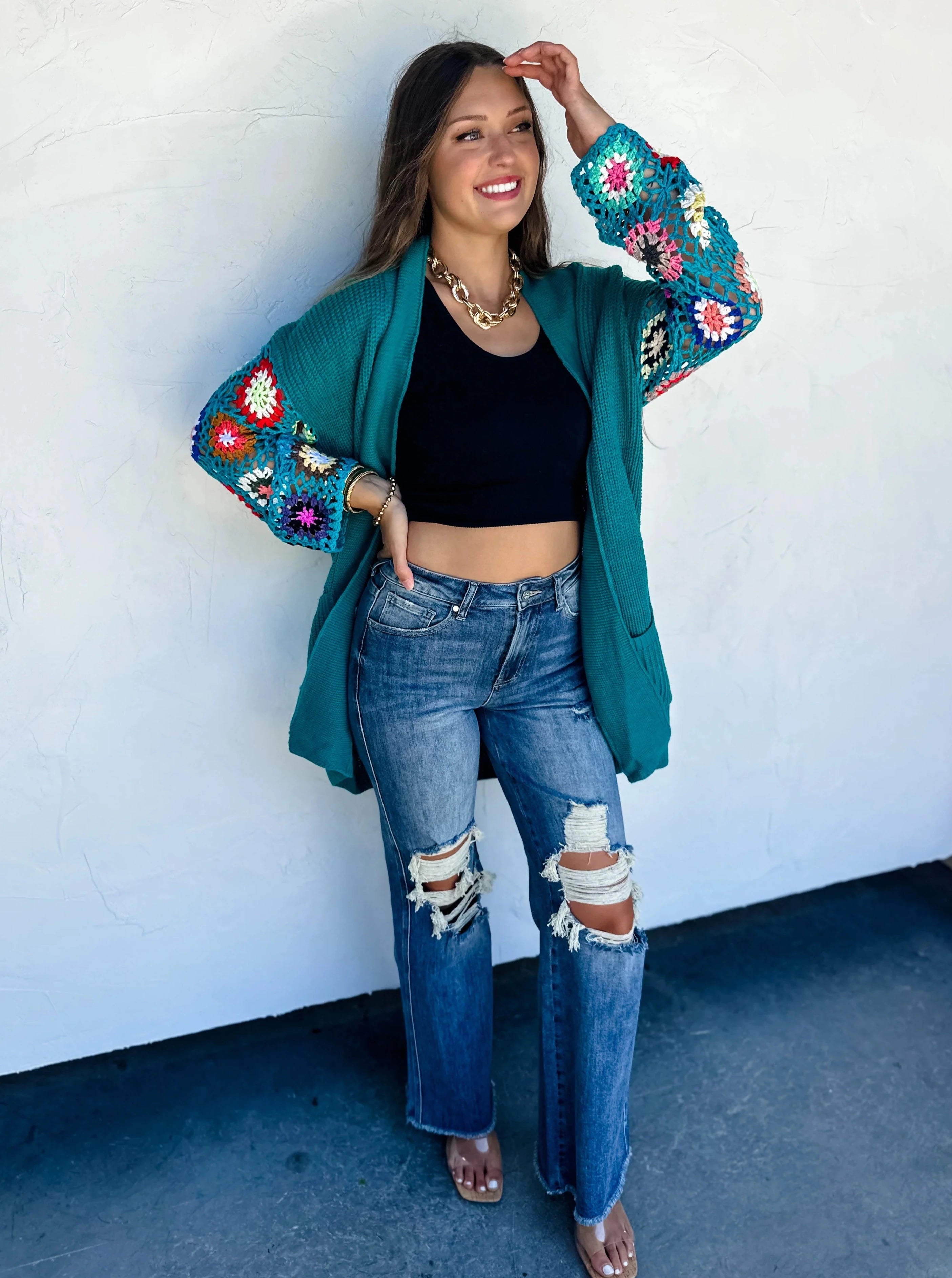 2 Colors - Blakeley Crochet Sleeve Knit Cardigans Nylon Fabric Polyester Fabric Spandex Fabric