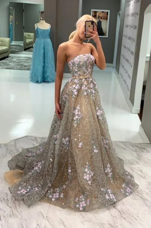 A-line Strapless Lace Long Prom Dress With Floral Appliques Evening Party Dress OKY98 Tunics Plaid country