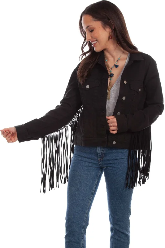 Scully Womens Black Cotton Blend Fringe Jean Denim Jacket Front Pockets Side Pockets Patch Pockets