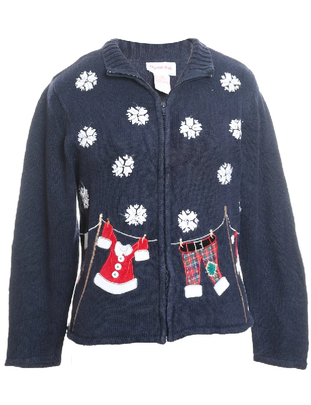 Snowfall Design Appliqued Navy Zip-Front Christmas Cardigan - S Boat Neck Shawl Collar Notched Collar