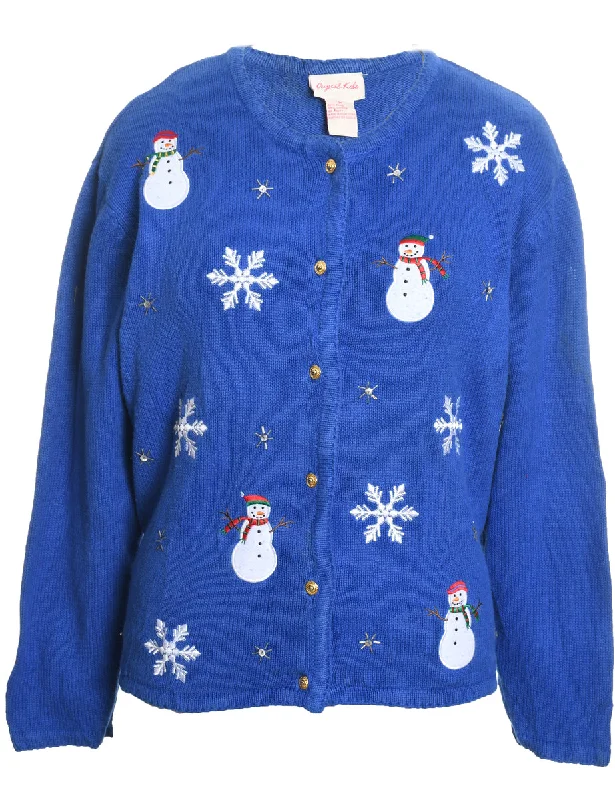 Snowman Design Blue Appliqued Christmas Cardigan - M Hooded Cardigan Collared Cardigan Shawl Collar