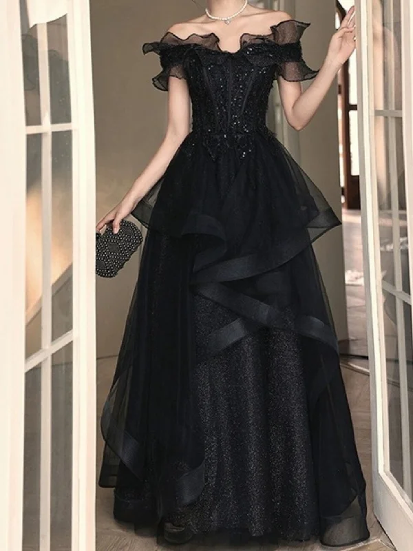 Black Off Shoulder Tulle Prom Dress, Lace Prom Dress, Tulle Prom Dress, Cocktail Dress, Evening Party Dress, Birthday Dress, Party Dress Shift Classic Vintage