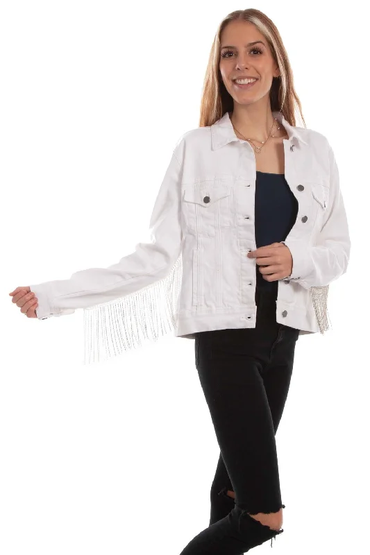 Scully Womens White Cotton Blend Rhinestone Fringe Jacket Wool Fabric Cashmere Fabric Tweed Fabric