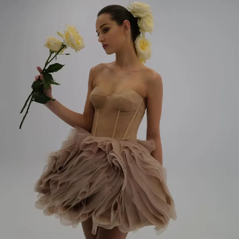 Sweetheart Brown Tulle Ball Gown Ruffled Layered Above Knee Party Dresses Custom Made Cocktail Dress For Wedding Tunics Favorite customer