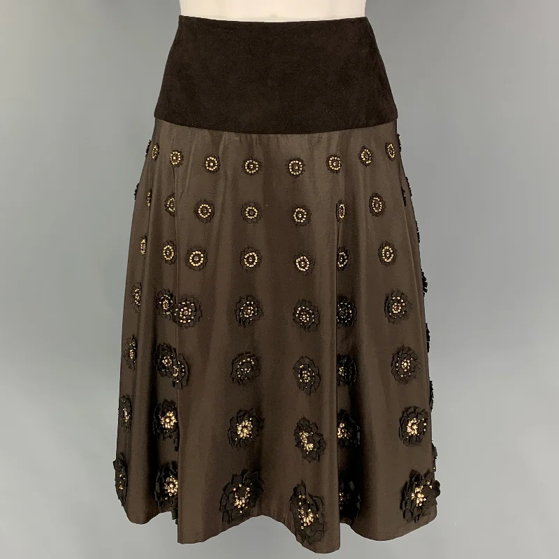 NAEEM KHAN Size 4 Brown Gold Silk Applique Circle Skirt corduroy skirt cozy