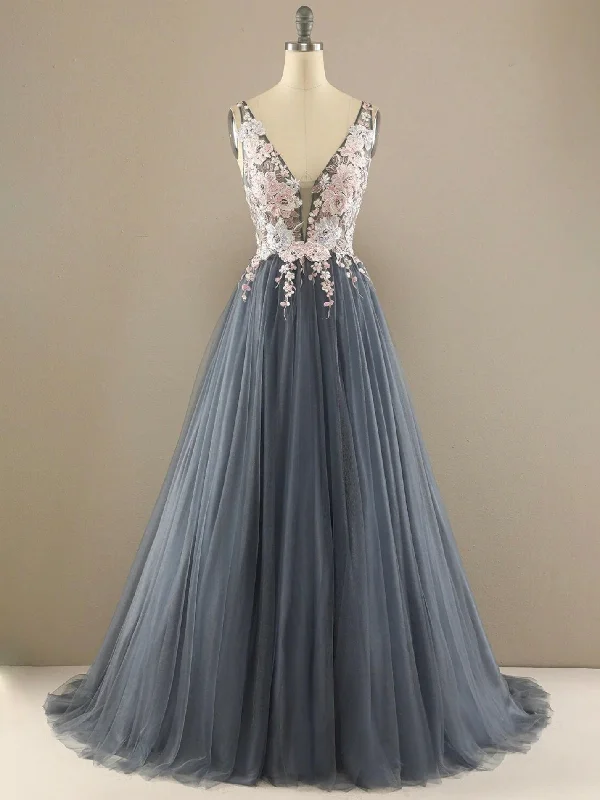 V Neck Ball Gown Tulle Prom Dress Floral Lace Party Dress PD2870 Tunics stripes playful