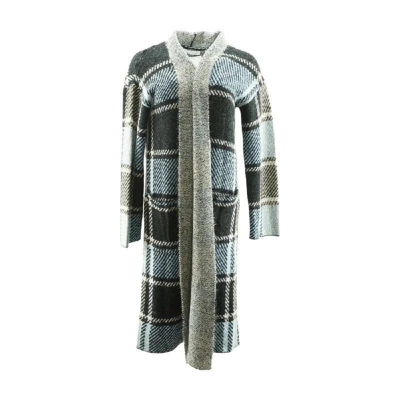 Blue Plaid Cardigan Sweater Boat Neck Shawl Collar Notched Collar