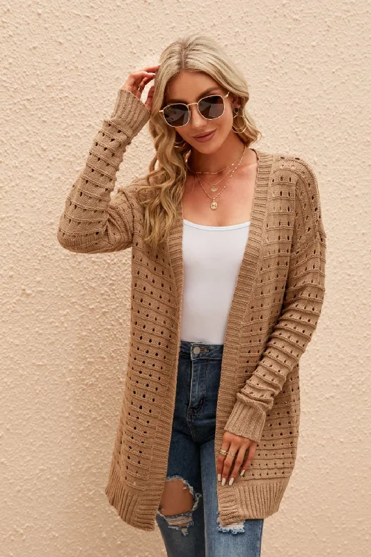 Tilley Openwork Horizontal Ribbing Open Front Cardigan Cashmere Blend Cotton Blend Poly Blend