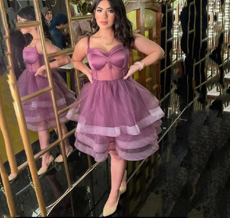 Purple Short Prom Party Dresses Sweetheart Spaghetti Strap Pleats Tulle Tiered Homecoming Dress Evening Event Formal Gown Tunics Favorite customer