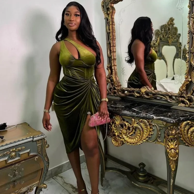African Women Olive Green Cocktail Dresses One Shoulder Velvet Short Birthday Party Dress Vestido De Fiesta De Boda Prom Gowns Tunics Velvet soft