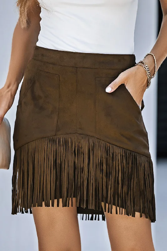 Fringe Detail Zip-Back Skirt with Pockets denim skirt classic