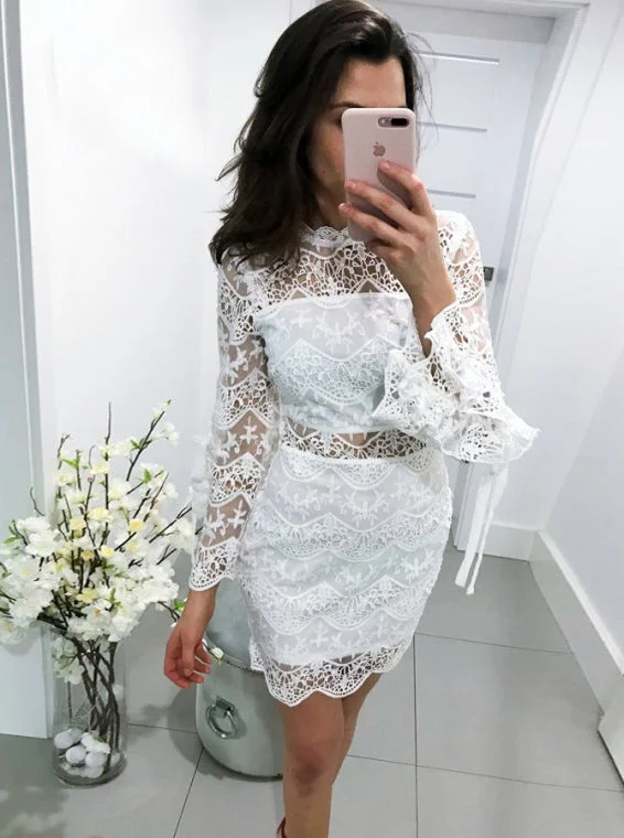 Sexy Bell Sleeves Lace Sheath Short Homecoming Party Dress OM366 Tunics Essential wardrobe