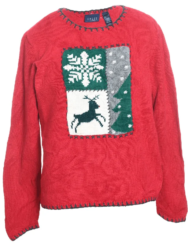 Red, Grey & Green Nordic Cardigan - L Open Front Closed Front Wrap Front