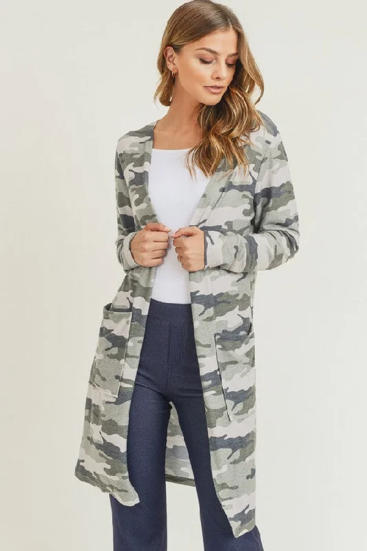 Camouflage Cardigan with Pockets Sequined Glittery Shiny