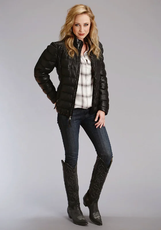 Stetson Womens Black Leather Quilted Puffy Jacket Trench Coat Raincoat Waterproof Jacket