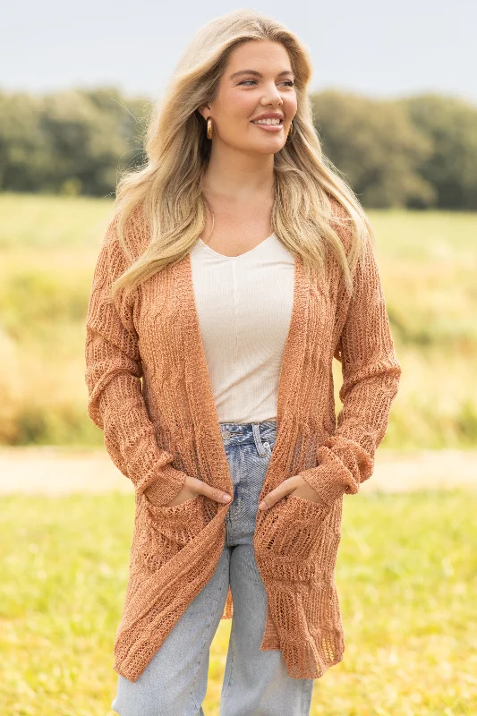 Tan Pointelle Cardigan With Pockets Denim Fabric Leather Fabric Suede Fabric
