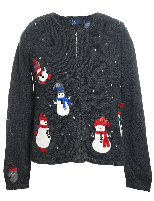 Snowman Design Grey Knit Christmas Cardigan - S Crew Neck V-Neck Turtle Neck
