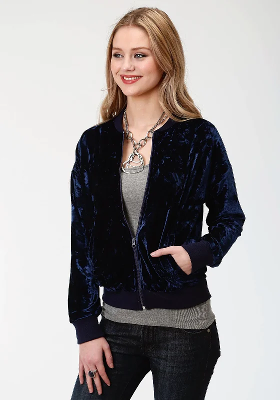 Roper Bomber Womens Navy Polyester Crushed Velvet Jacket Cardigan Sweater Pullover